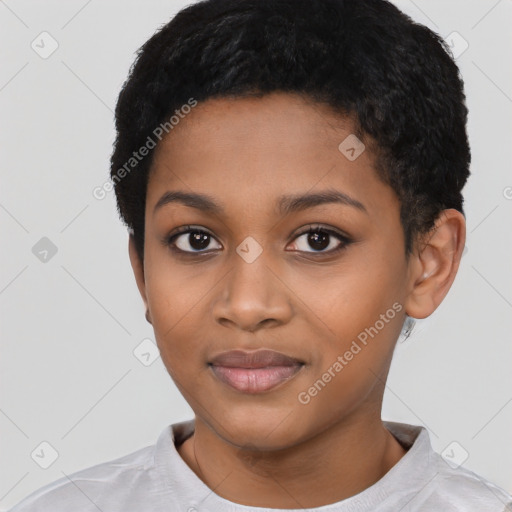 Joyful black young-adult female with short  black hair and brown eyes