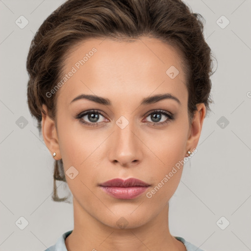 Neutral white young-adult female with short  brown hair and brown eyes