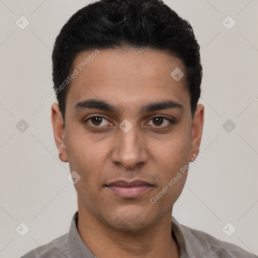Neutral latino young-adult male with short  black hair and brown eyes