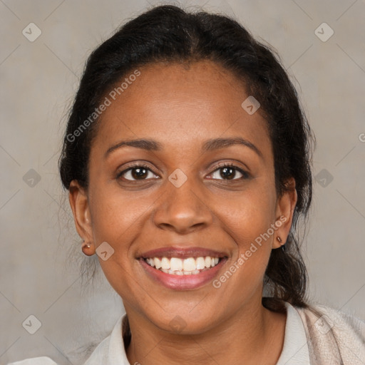 Joyful black young-adult female with medium  brown hair and brown eyes