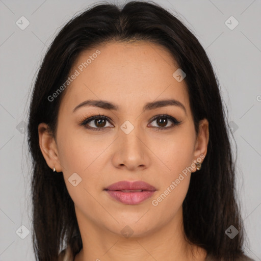 Joyful latino young-adult female with long  brown hair and brown eyes