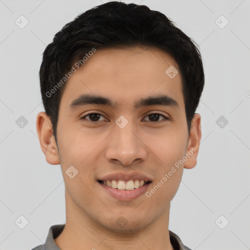 Joyful white young-adult male with short  black hair and brown eyes