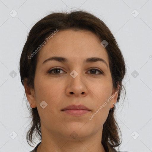 Neutral white young-adult female with medium  brown hair and brown eyes