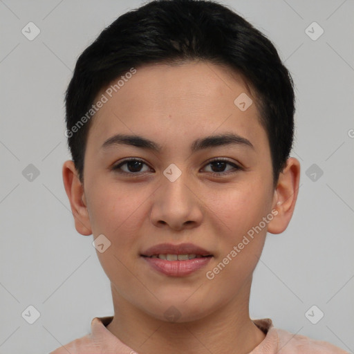 Joyful asian young-adult female with short  brown hair and brown eyes