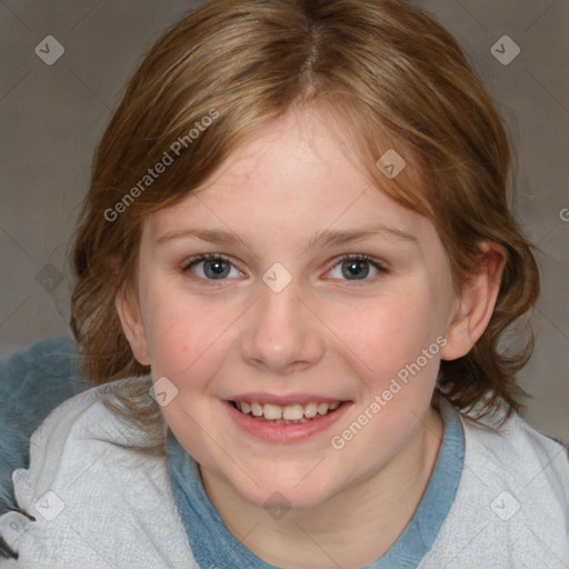 Joyful white child female with medium  brown hair and blue eyes