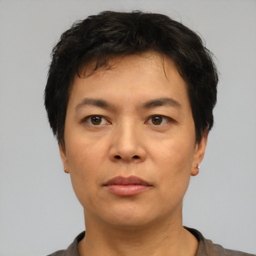 Neutral asian adult male with short  brown hair and brown eyes