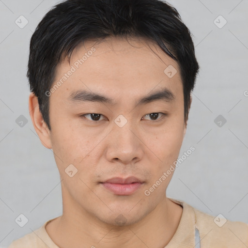 Neutral asian young-adult male with short  brown hair and brown eyes