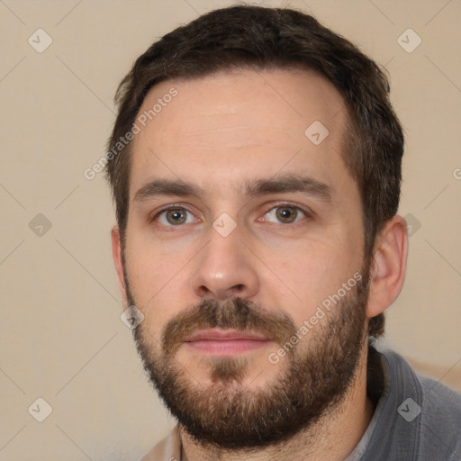 Neutral white young-adult male with short  brown hair and brown eyes