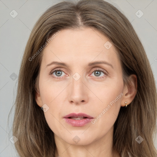 Neutral white young-adult female with long  brown hair and grey eyes