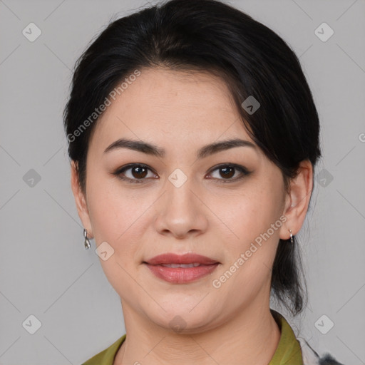 Joyful white young-adult female with medium  black hair and brown eyes