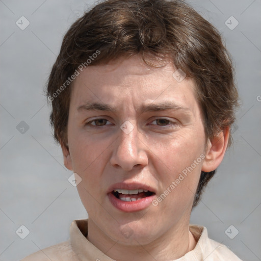 Joyful white adult female with short  brown hair and brown eyes