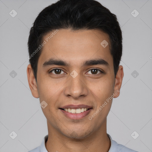 Joyful white young-adult male with short  black hair and brown eyes