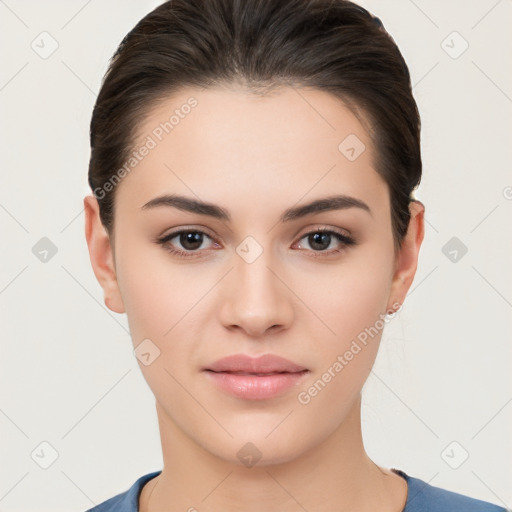 Neutral white young-adult female with short  brown hair and brown eyes