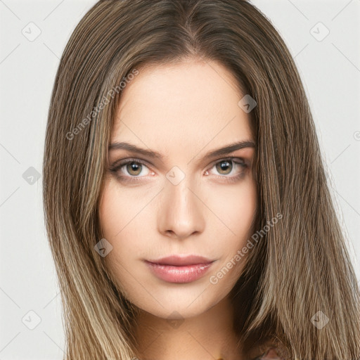 Neutral white young-adult female with long  brown hair and brown eyes