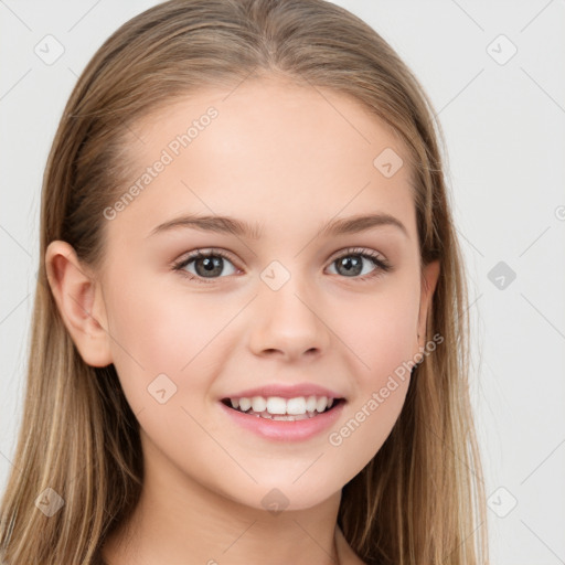 Joyful white child female with long  brown hair and brown eyes