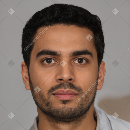 Neutral latino young-adult male with short  black hair and brown eyes