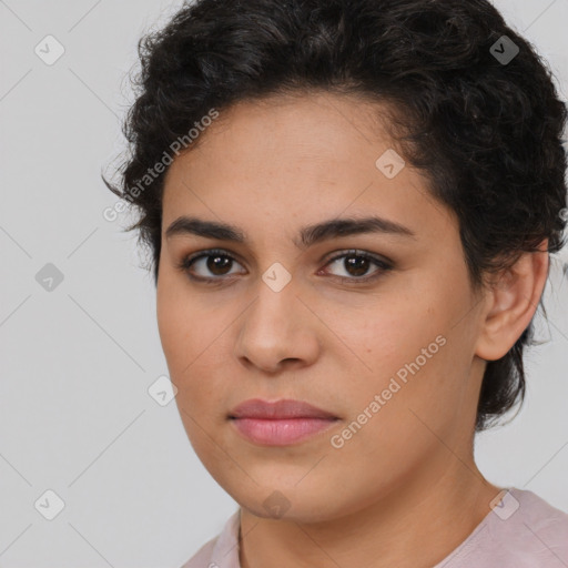 Joyful latino young-adult female with short  brown hair and brown eyes