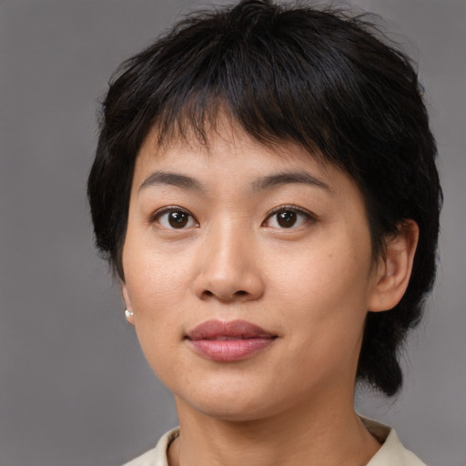 Joyful asian young-adult female with medium  brown hair and brown eyes