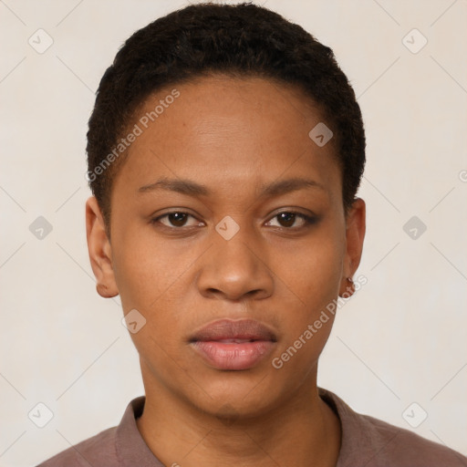 Neutral black young-adult female with short  brown hair and brown eyes