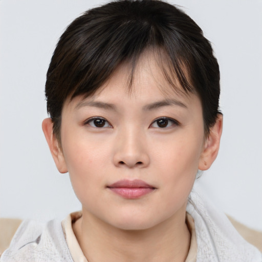 Neutral asian young-adult female with short  brown hair and brown eyes