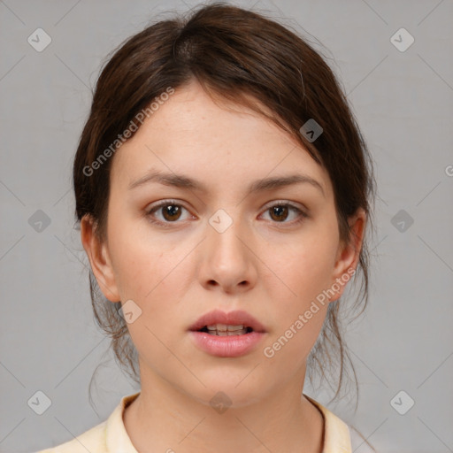 Neutral white young-adult female with medium  brown hair and brown eyes