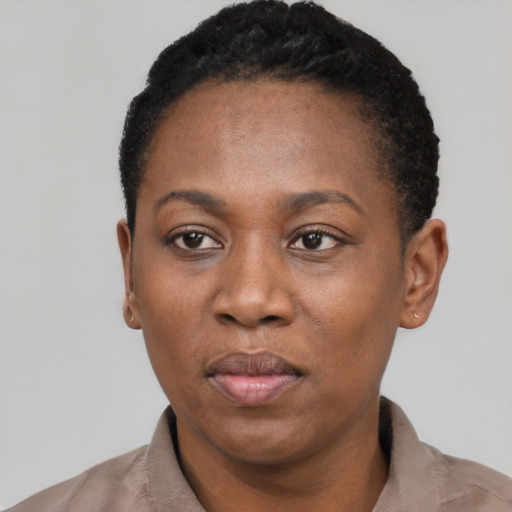 Neutral black adult female with short  black hair and brown eyes