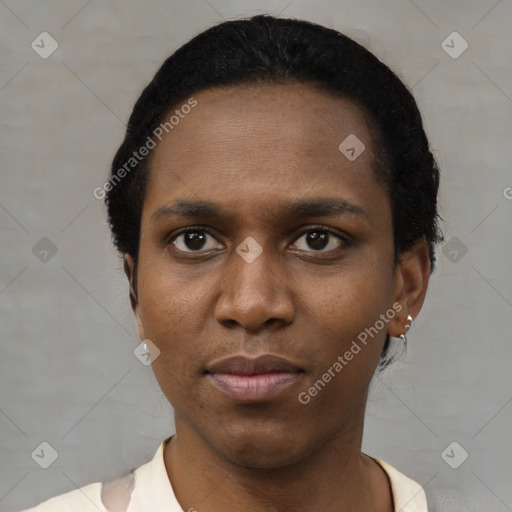 Neutral black young-adult male with short  black hair and brown eyes