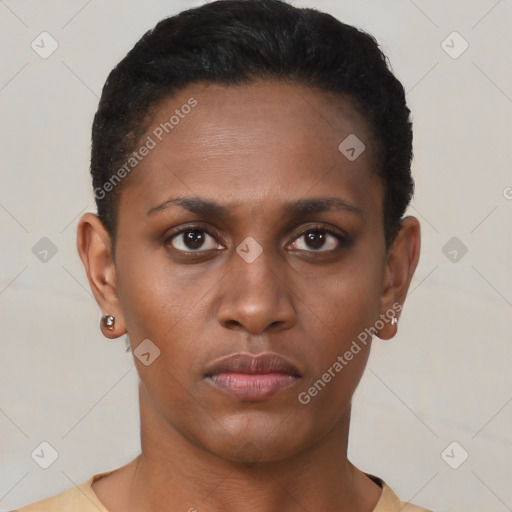 Neutral black young-adult female with short  brown hair and brown eyes