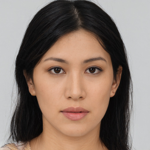 Neutral asian young-adult female with long  black hair and brown eyes