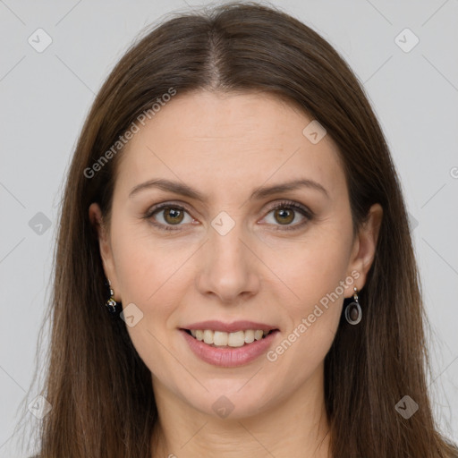 Joyful white young-adult female with long  brown hair and brown eyes