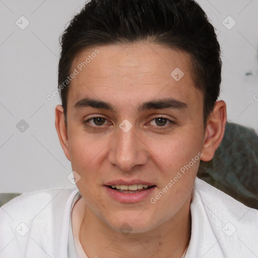 Joyful white young-adult male with short  brown hair and brown eyes