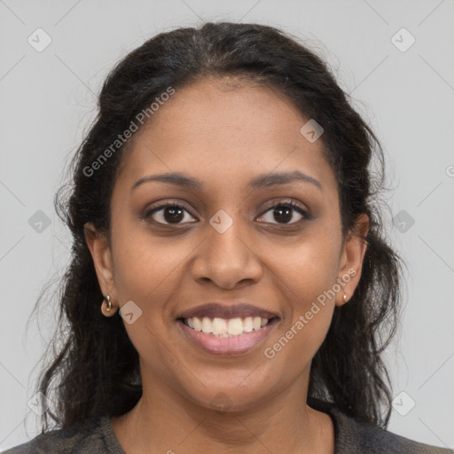 Joyful latino young-adult female with medium  brown hair and brown eyes