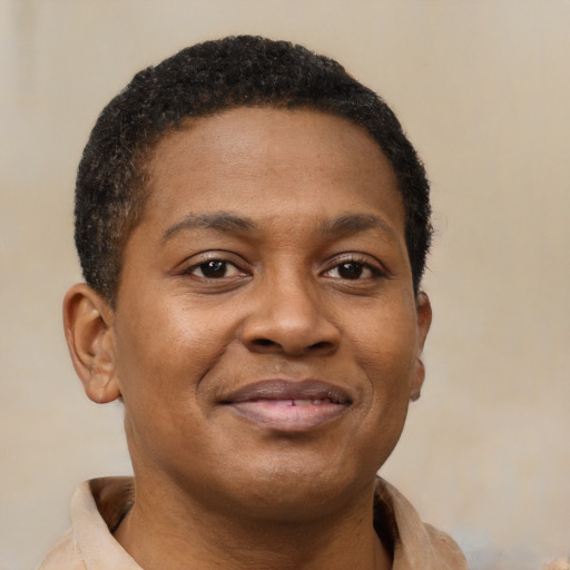 Joyful latino young-adult male with short  brown hair and brown eyes
