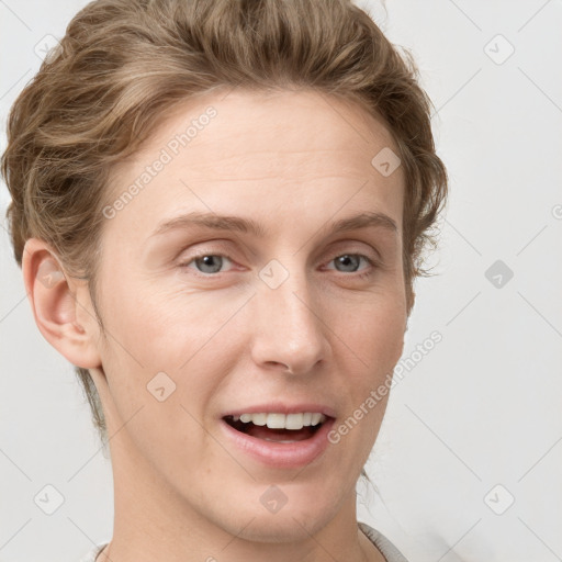 Joyful white young-adult female with short  brown hair and grey eyes