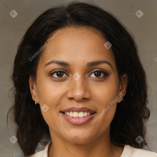 Joyful black young-adult female with medium  brown hair and brown eyes