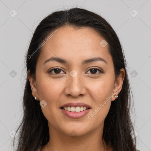 Joyful white young-adult female with long  brown hair and brown eyes