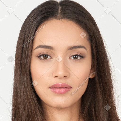 Neutral white young-adult female with long  brown hair and brown eyes