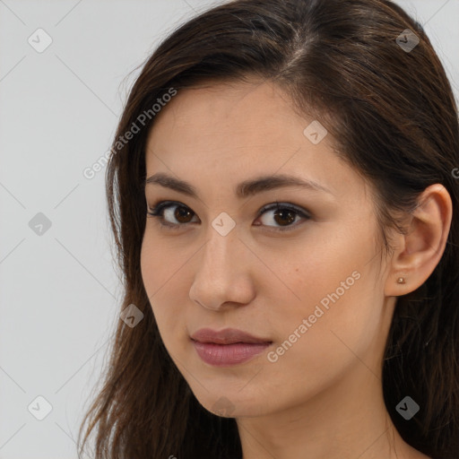 Neutral white young-adult female with long  brown hair and brown eyes