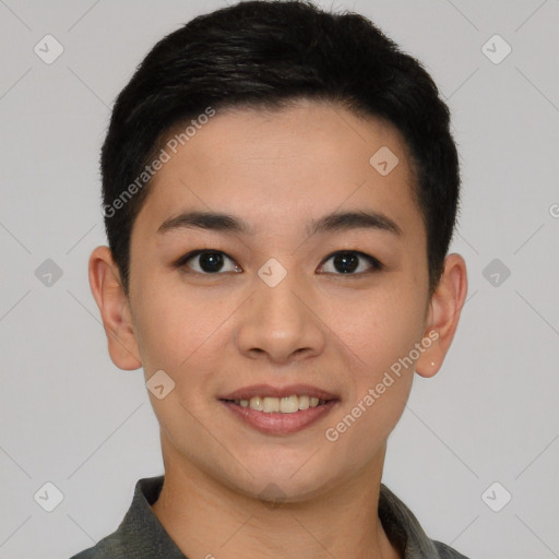 Joyful asian young-adult female with short  brown hair and brown eyes