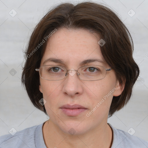 Neutral white adult female with medium  brown hair and brown eyes