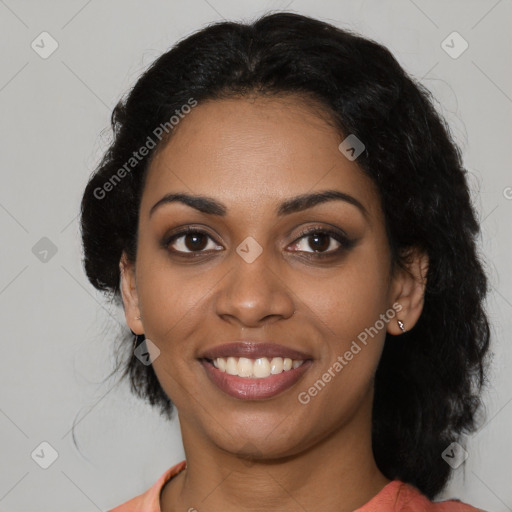 Joyful latino young-adult female with medium  black hair and brown eyes