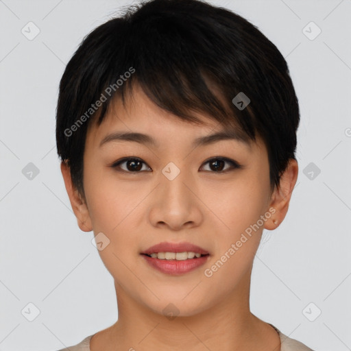 Joyful asian young-adult female with short  brown hair and brown eyes