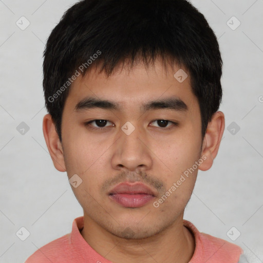 Neutral asian young-adult male with short  black hair and brown eyes