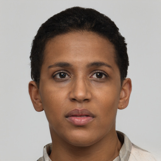 Neutral black young-adult female with short  black hair and brown eyes