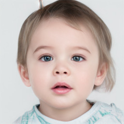 Neutral white child female with medium  brown hair and blue eyes