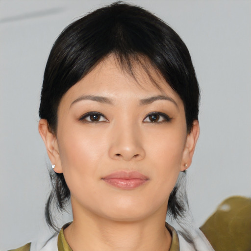 Neutral asian young-adult female with medium  black hair and brown eyes
