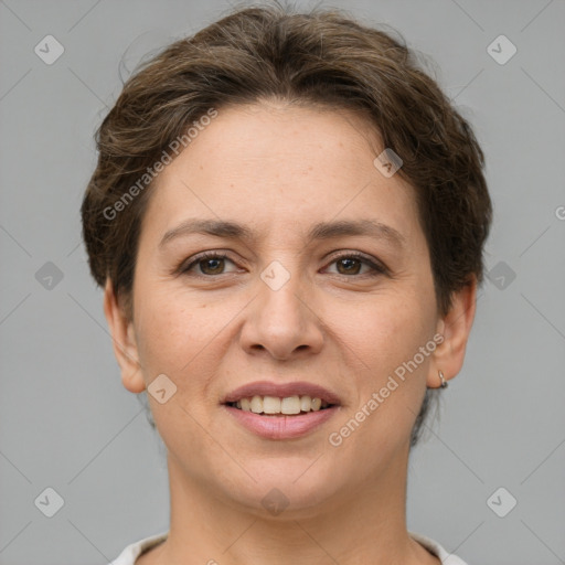 Joyful white young-adult female with short  brown hair and grey eyes