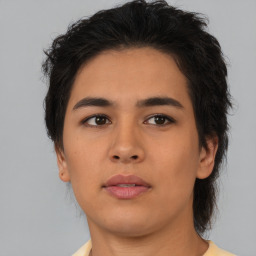 Neutral asian young-adult female with short  brown hair and brown eyes