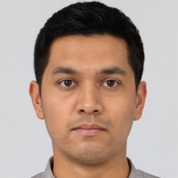 Neutral asian young-adult male with short  black hair and brown eyes