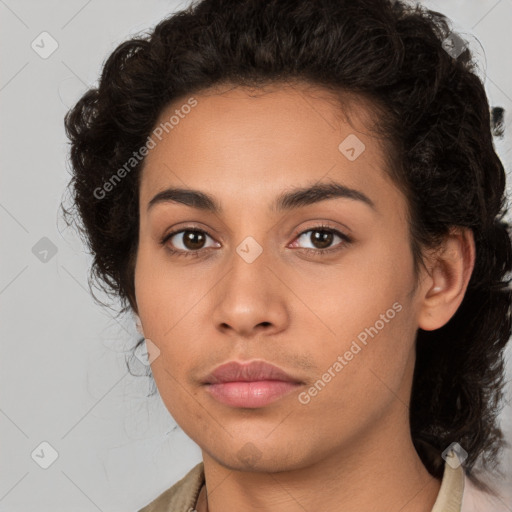 Neutral latino young-adult female with medium  brown hair and brown eyes